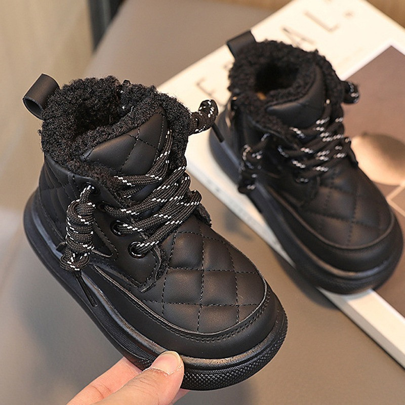 2023 Trend Fashion Winter Boots Martin pentru fete în carouri din piele PU Cizme de zăpadă groase și calde din pluș pantofi casual pentru copii