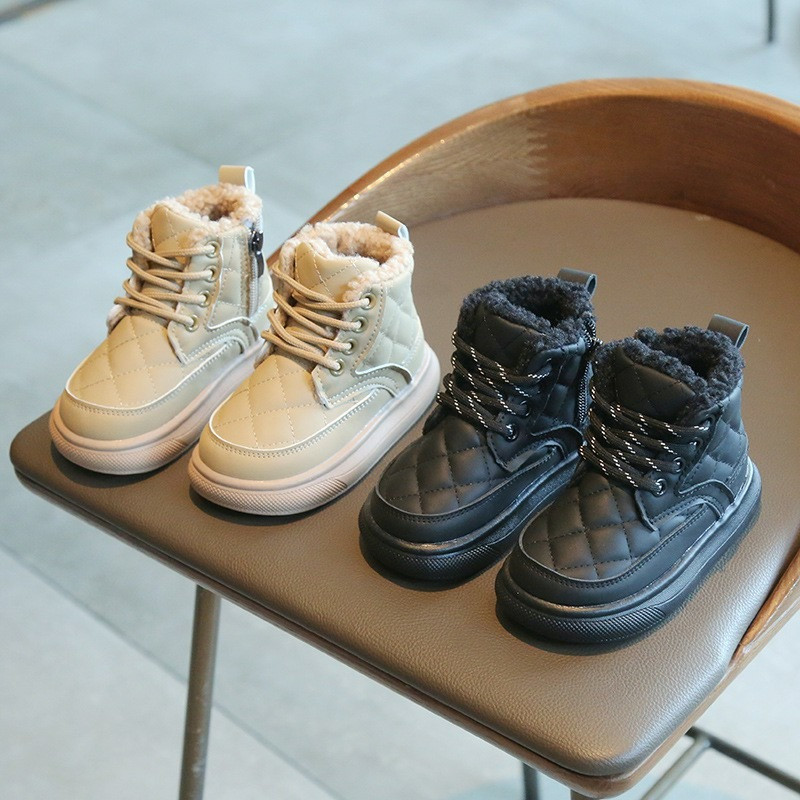 2023 Trend Fashion Winter Boots Martin pentru fete în carouri din piele PU Cizme de zăpadă groase și calde din pluș pantofi casual pentru copii