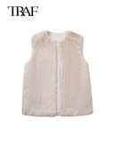 TRAF Vestă lungă albă pentru femei 2023, toamnă iarnă, veste de pluș, largi, calde, veste fără mâneci, haine.