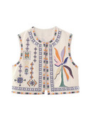Vestă din bumbac imprimată brodat Cardigan pentru femei, la modă, vintage, fără mâneci, cu decolteu în formă de O, vestă de damă, slăbită