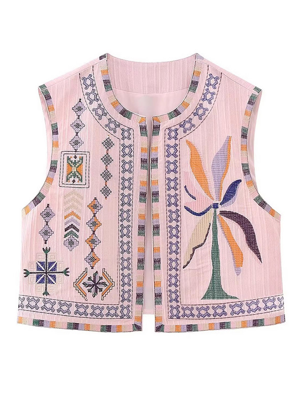 Vestă din bumbac imprimată brodat Cardigan pentru femei, la modă, vintage, fără mâneci, cu decolteu în formă de O, vestă de damă, slăbită