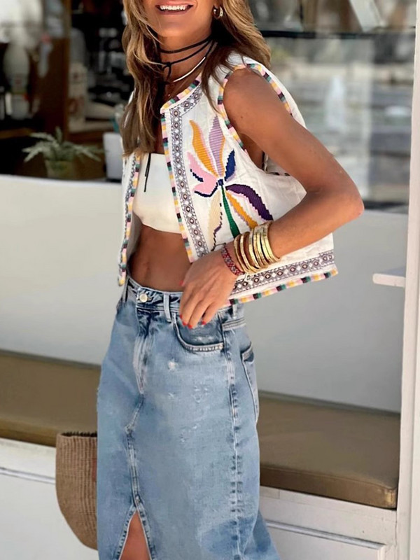 Vestă din bumbac imprimată brodat Cardigan pentru femei, la modă, vintage, fără mâneci, cu decolteu în formă de O, vestă de damă, slăbită