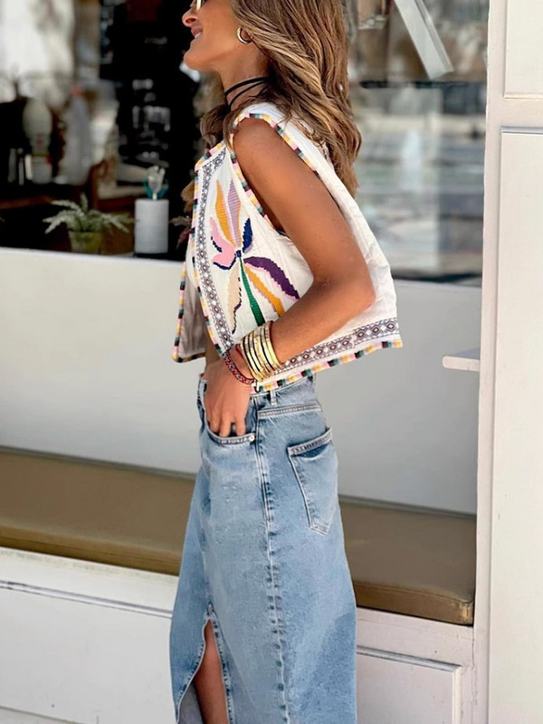 Vestă din bumbac imprimată brodat Cardigan pentru femei, la modă, vintage, fără mâneci, cu decolteu în formă de O, vestă de damă, slăbită