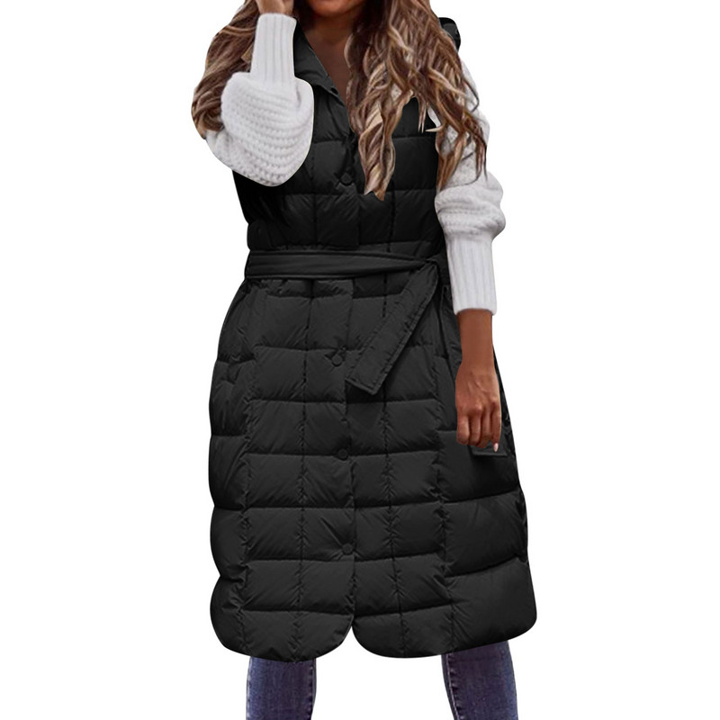 Ilgos, didelės pūkinės liemenės Moteriškos lauko paltai su gobtuvu, pūstos liemenės, šiltos žiemos paltai Berankoviai madinga ilga striukė moterims