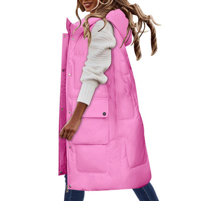 Jachetă de iarnă fără mâneci pentru femei Vestă cu puf Păstrați căldura Vestă elegantă cu glugă Chic Lady Bumbac căptușit pardesiu lung