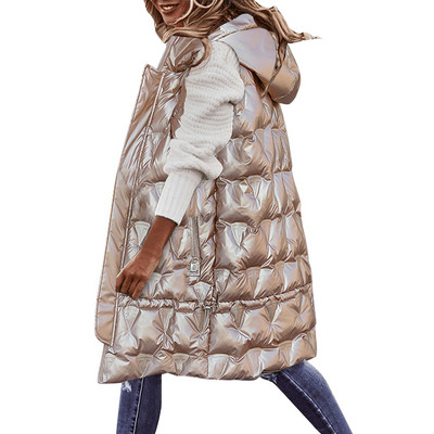 Jachetă de iarnă fără mâneci pentru femei Vestă cu puf Păstrați căldura Vestă elegantă cu glugă Chic Lady Bumbac căptușit pardesiu lung