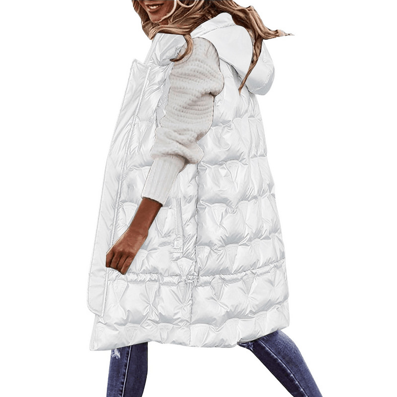 Jachetă de iarnă fără mâneci pentru femei Vestă cu puf Păstrați căldura Vestă elegantă cu glugă Chic Lady Bumbac căptușit pardesiu lung