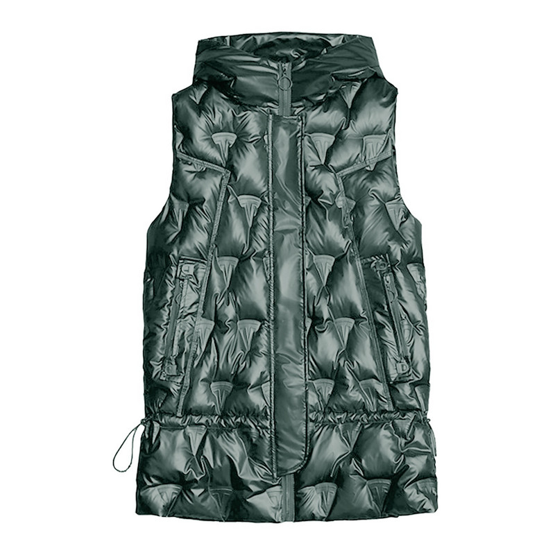 Jachetă de iarnă fără mâneci pentru femei Vestă cu puf Păstrați căldura Vestă elegantă cu glugă Chic Lady Bumbac căptușit pardesiu lung