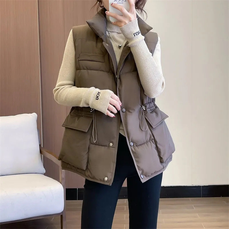 2023 Nový dámsky zimný kabát, parkr, voľný bavlnený top, teplý prešívaný kabát, vertikálne bez rukávov, dámsky
