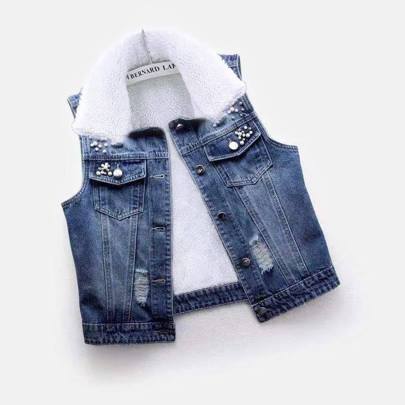 Φθινοπωρινό χειμωνιάτικο γυναικείο τζιν φανελάκι Νέο Μόδα καρφίτσα με χάντρες τρύπα αμάνικο τζιν μπουφάν Γυναικείο γιλέκο καουμπόικο γιλέκο 5XL
