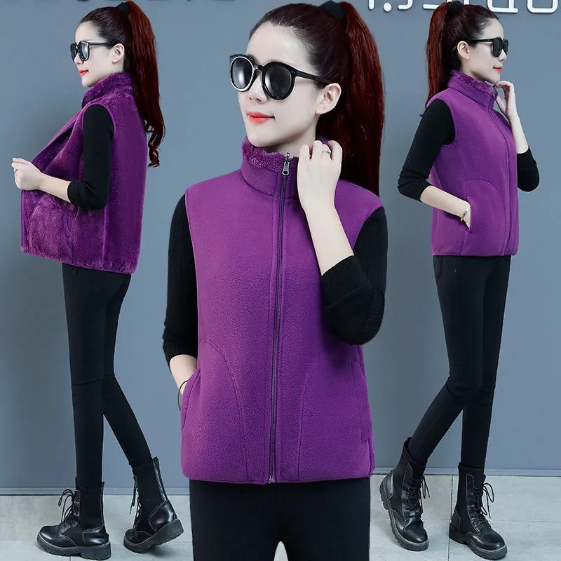 Nova jesensko-zimska reverzibilna majica bez rukava, ženska jakna bez rukava Shake flis, modni debeli koraljni baršunasti prsluk, ženski prsluk 5XL