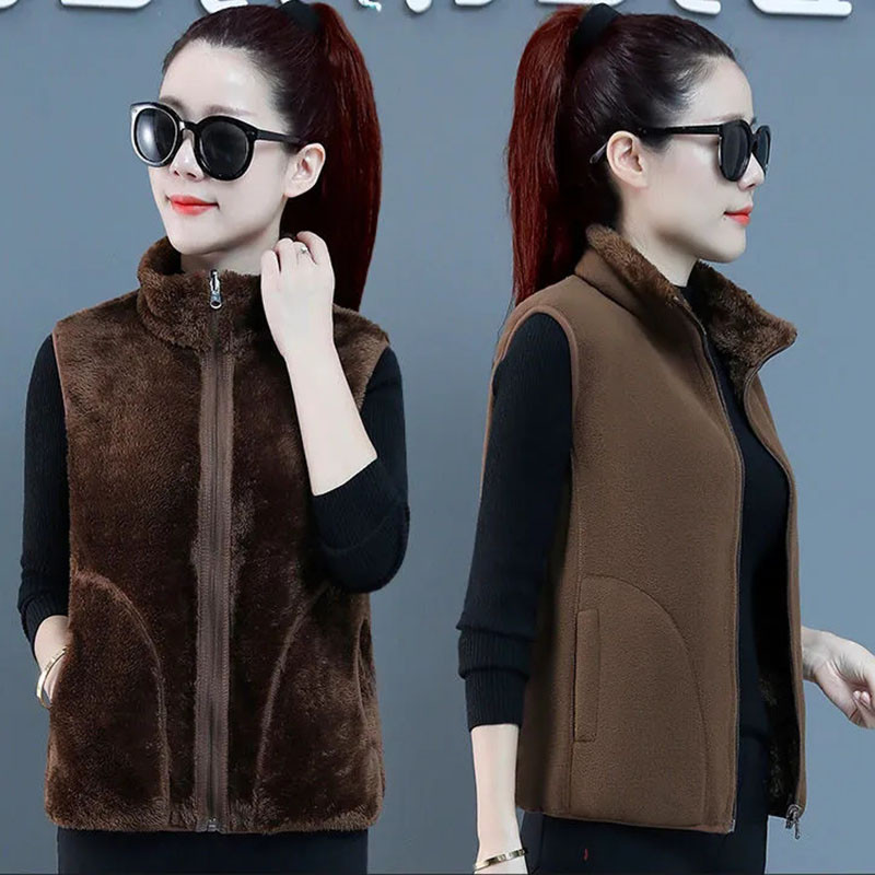 Nova jesensko-zimska reverzibilna majica bez rukava, ženska jakna bez rukava Shake flis, modni debeli koraljni baršunasti prsluk, ženski prsluk 5XL