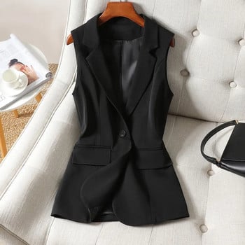 Ανοιξιάτικο φθινοπωρινό γυναικείο γιλέκο σακάκι με μεσαίο μακρύ μονό κουμπί αμάνικο κοστούμι Γυναικείο μονόχρωμο γιλέκο Γυναικεία casual τοπ