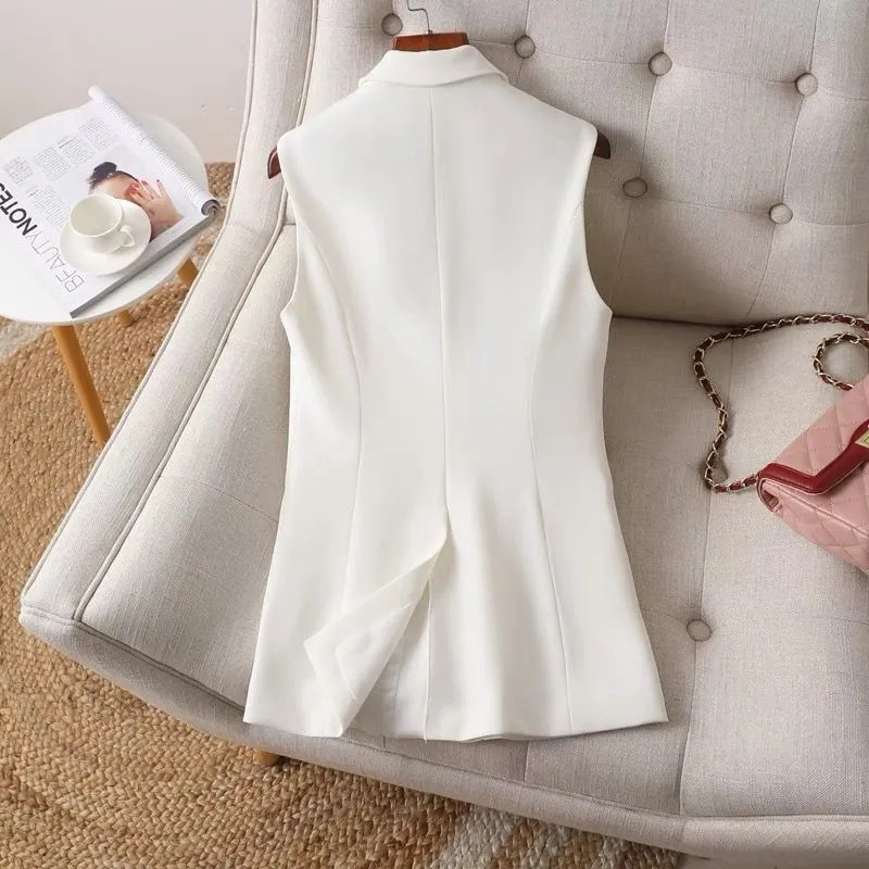 Proljeće Jesen Ženski blejzer prsluk srednje dugačak sako bez rukava s jednim gumbom Ženska jednobojna vanjska odjeća Prsluk Ženske ležerne majice