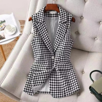 Νέο φθινοπωρινό χειμωνιάτικο παλτό Houndstooth καρό μάλλινο γυναικείο γιλέκο μαύρο λευκό καρό λεπτό αμάνικο μάλλινο μπουφάν Γυναικείο γιλέκο