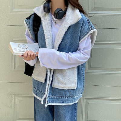 Onalippa kaput s velikim džepovima od imitacije janjećeg runa patchwork jednoredno kopčanje od trapera bez rukava za žene Korean Chic kaputi