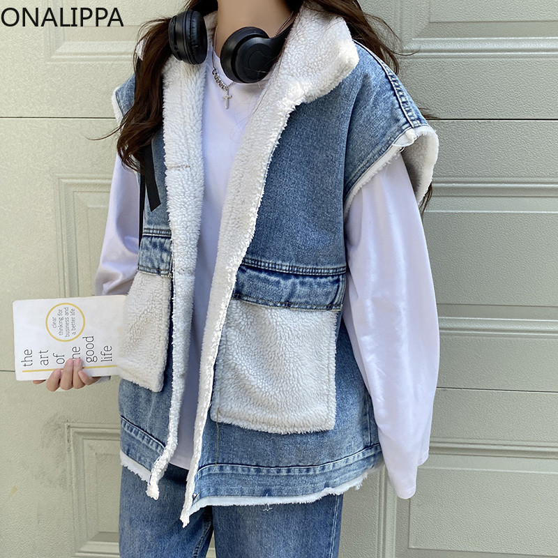 Onalippa kaput s velikim džepovima od imitacije janjećeg runa patchwork jednoredno kopčanje od trapera bez rukava za žene Korean Chic kaputi