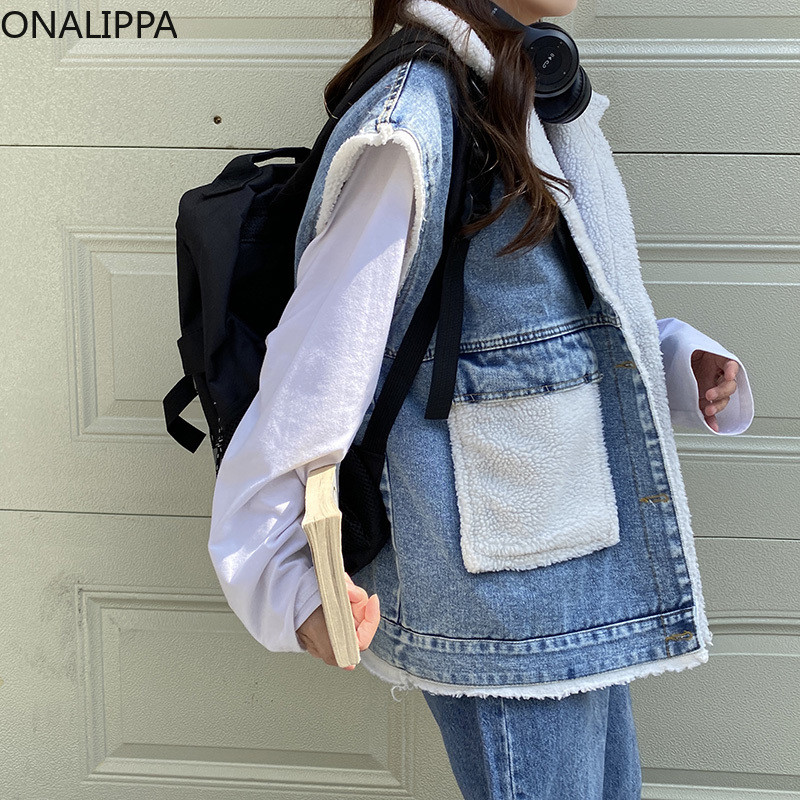 Onalippa kaput s velikim džepovima od imitacije janjećeg runa patchwork jednoredno kopčanje od trapera bez rukava za žene Korean Chic kaputi