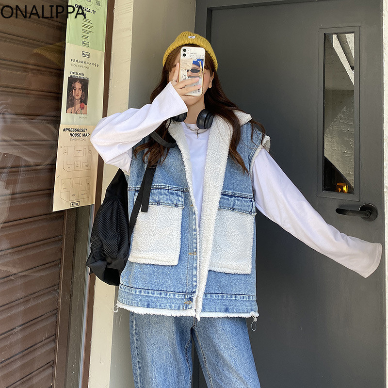 Onalippa kaput s velikim džepovima od imitacije janjećeg runa patchwork jednoredno kopčanje od trapera bez rukava za žene Korean Chic kaputi