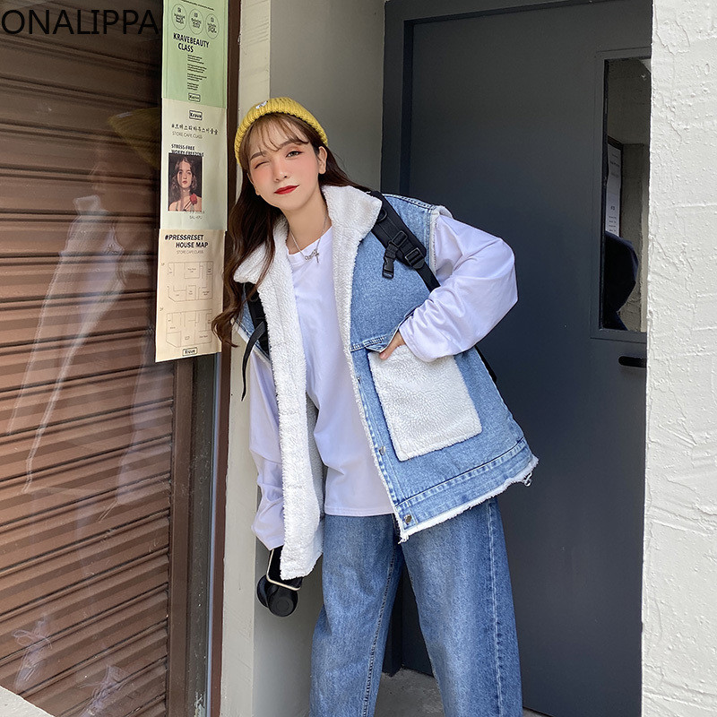 Onalippa kaput s velikim džepovima od imitacije janjećeg runa patchwork jednoredno kopčanje od trapera bez rukava za žene Korean Chic kaputi