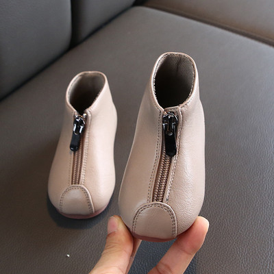 Nou Toamnă Iarnă Culoare uni Fermoar frontal Cizme scurte pentru copii Pantofi pentru fetițe Cizme din piele pentru copii mici Cizme de modă pentru copii