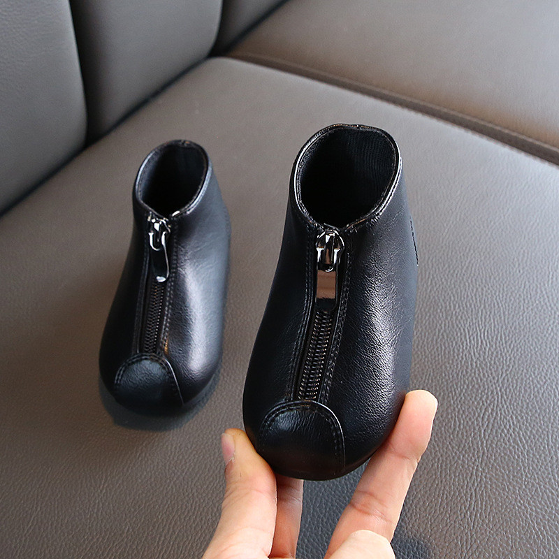 Nou Toamnă Iarnă Culoare uni Fermoar frontal Cizme scurte pentru copii Pantofi pentru fetițe Cizme din piele pentru copii mici Cizme de modă pentru copii