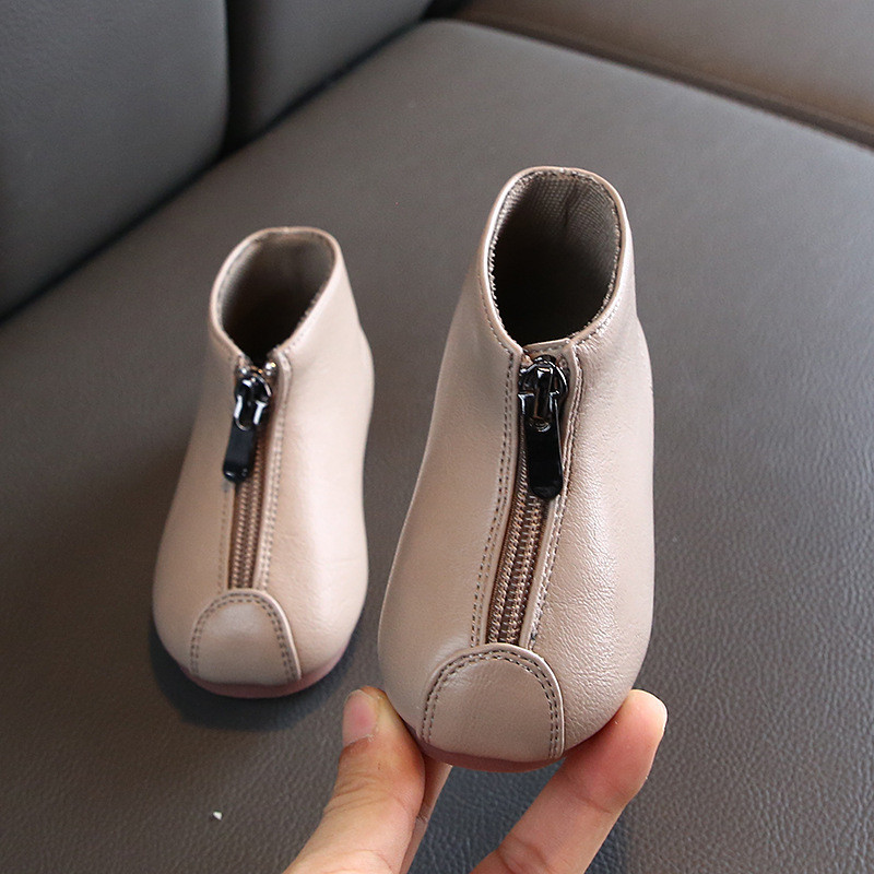 Nou Toamnă Iarnă Culoare uni Fermoar frontal Cizme scurte pentru copii Pantofi pentru fetițe Cizme din piele pentru copii mici Cizme de modă pentru copii