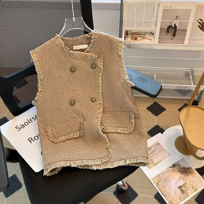 Ženski kardigan bez rukava 2023 Ropa Mujer Vintage prsluk s dvostrukim kopčanjem Modni korejski O-izrez od tvida široke majice bez rukava