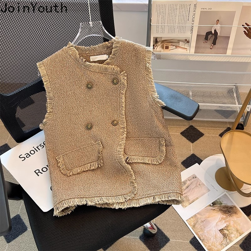 Ženski kardigan bez rukava 2023 Ropa Mujer Vintage prsluk s dvostrukim kopčanjem Modni korejski O-izrez od tvida široke majice bez rukava