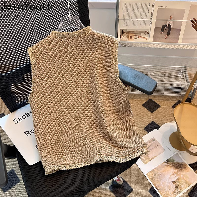 Ženski kardigan bez rukava 2023 Ropa Mujer Vintage prsluk s dvostrukim kopčanjem Modni korejski O-izrez od tvida široke majice bez rukava