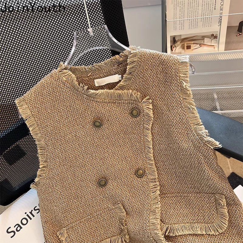 Ženski kardigan bez rukava 2023 Ropa Mujer Vintage prsluk s dvostrukim kopčanjem Modni korejski O-izrez od tvida široke majice bez rukava