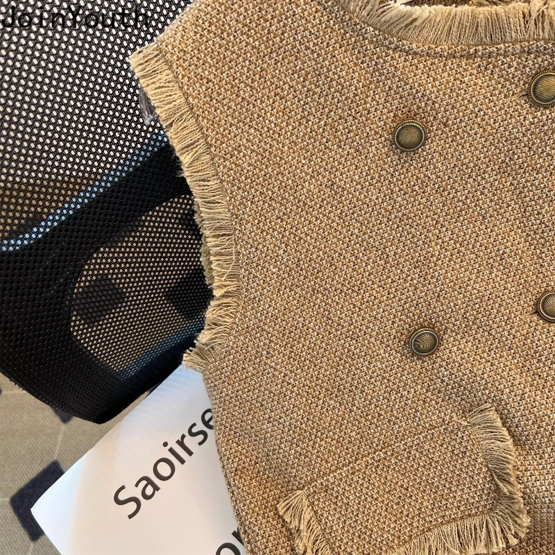 Ženski kardigan bez rukava 2023 Ropa Mujer Vintage prsluk s dvostrukim kopčanjem Modni korejski O-izrez od tvida široke majice bez rukava