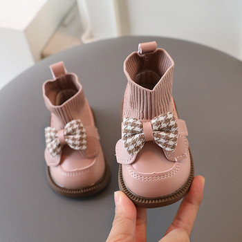 Ψηλό κορυφαίο μωρό με πλεκτά παπούτσια με κάλτσες Houndstooth Παιδικές μπότες με πεταλούδες για παιδικά κορίτσια Κομψά νεογέννητα φθινοπωρινά παπούτσια G09273