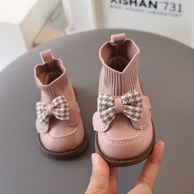 Ψηλό κορυφαίο μωρό με πλεκτά παπούτσια με κάλτσες Houndstooth Παιδικές μπότες με πεταλούδες για παιδικά κορίτσια Κομψά νεογέννητα φθινοπωρινά παπούτσια G09273