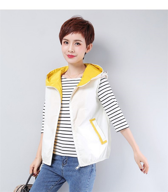 Pavasario/vasaros moteriška liemenė 2023 m. Nauja apsaugos nuo saulės liemenė su gobtuvu Moteriška madinga striukės be rankovių paltai Moteriški trumpa liemenė Viršutiniai drabužiai