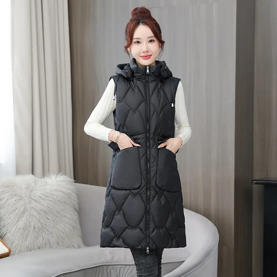 Rudens/žiemos striukė Nuimama gobtuvu medvilninė liemenė moterims korėjietiška vidutinio ilgio liemenė be rankovių striukė Moteriška liemenė, apatinė liemenė