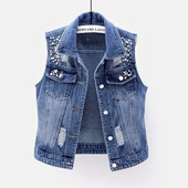 Veste din denim de modă coreeană pentru femei, ocazional cowboy, jachete fără mâneci, veste de jeans de vară, vestă cu mărgele cu un singur piept, topuri pentru femei
