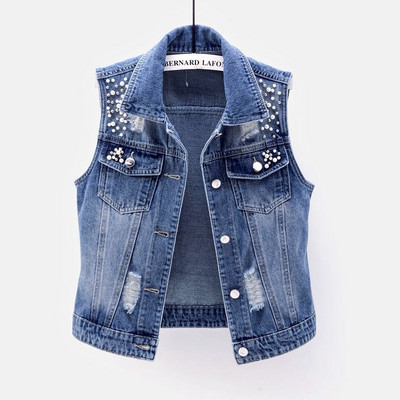 Veste din denim de modă coreeană pentru femei, ocazional cowboy, jachete fără mâneci, veste de jeans de vară, vestă cu mărgele cu un singur piept, topuri pentru femei