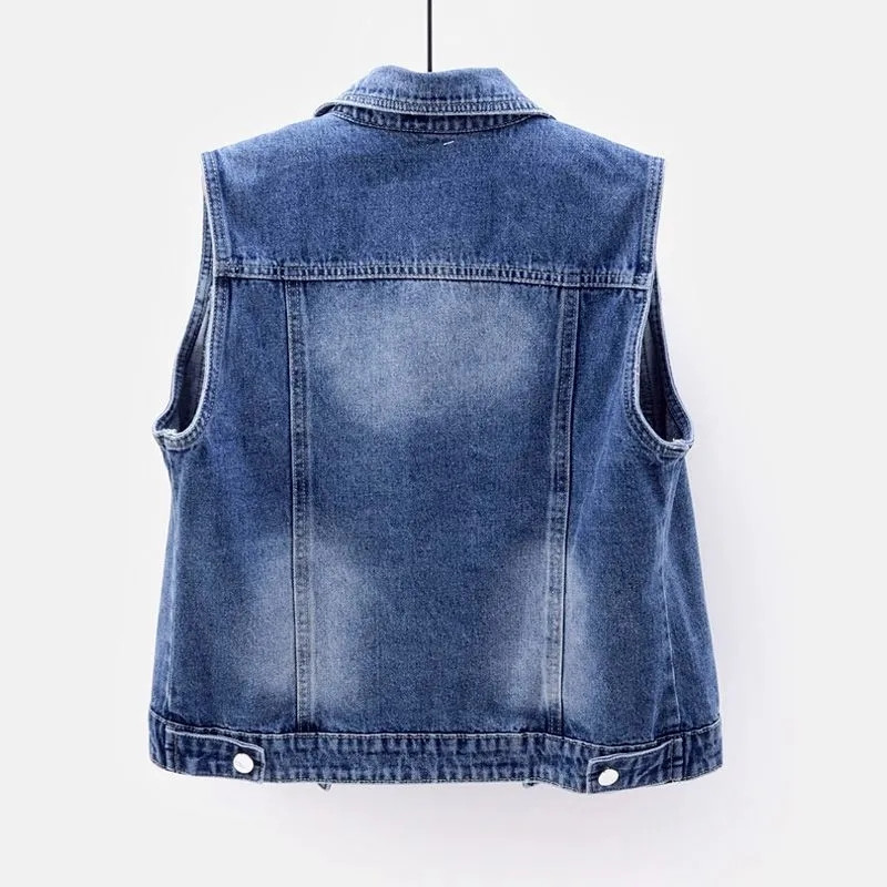Veste din denim de modă coreeană pentru femei, ocazional cowboy, jachete fără mâneci, veste de jeans de vară, vestă cu mărgele cu un singur piept, topuri pentru femei