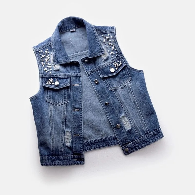 Veste din denim de modă coreeană pentru femei, ocazional cowboy, jachete fără mâneci, veste de jeans de vară, vestă cu mărgele cu un singur piept, topuri pentru femei