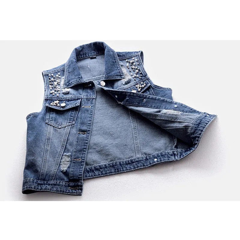 Veste din denim de modă coreeană pentru femei, ocazional cowboy, jachete fără mâneci, veste de jeans de vară, vestă cu mărgele cu un singur piept, topuri pentru femei
