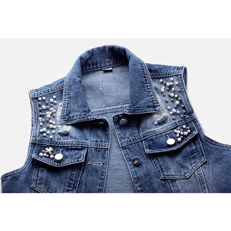 Veste din denim de modă coreeană pentru femei, ocazional cowboy, jachete fără mâneci, veste de jeans de vară, vestă cu mărgele cu un singur piept, topuri pentru femei