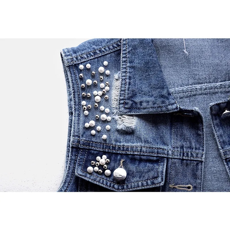 Veste din denim de modă coreeană pentru femei, ocazional cowboy, jachete fără mâneci, veste de jeans de vară, vestă cu mărgele cu un singur piept, topuri pentru femei