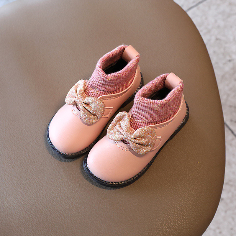 Ghete noi pentru fetiță, tricotate frumoase, cizme de blană cu alunecare, pentru copii, prințesă, sclipici, cizme cu platformă cu nod fluture pentru bebeluși E07242