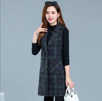 Jesenska ženska jakna s prslukom 2022. Novi karirani vuneni prsluk Srednje dugačak kaput Jakna bez rukava Ženski prsluk s kaputom Ležerne majice 5XL