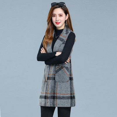 Jesenska ženska jakna s prslukom 2022. Novi karirani vuneni prsluk Srednje dugačak kaput Jakna bez rukava Ženski prsluk s kaputom Ležerne majice 5XL