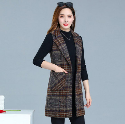Jesenska ženska jakna s prslukom 2022. Novi karirani vuneni prsluk Srednje dugačak kaput Jakna bez rukava Ženski prsluk s kaputom Ležerne majice 5XL