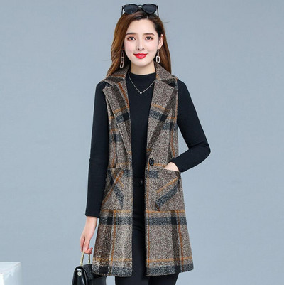 Jesenska ženska jakna s prslukom 2022. Novi karirani vuneni prsluk Srednje dugačak kaput Jakna bez rukava Ženski prsluk s kaputom Ležerne majice 5XL