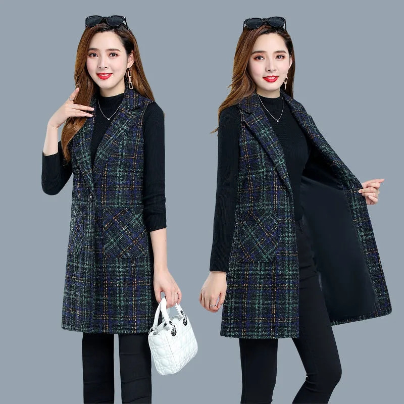 Jesenska ženska jakna s prslukom 2022. Novi karirani vuneni prsluk Srednje dugačak kaput Jakna bez rukava Ženski prsluk s kaputom Ležerne majice 5XL