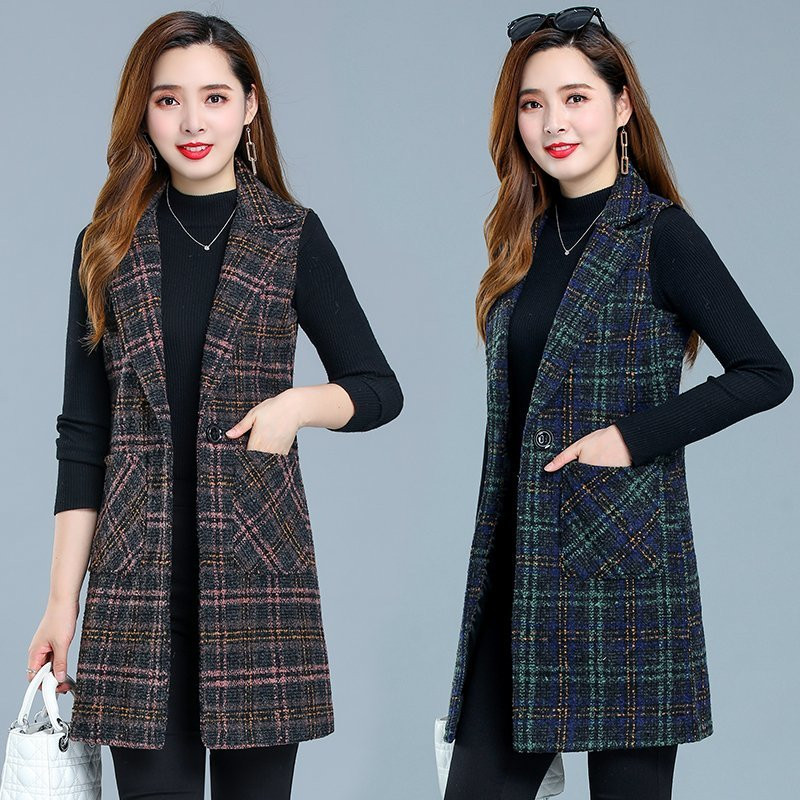Jesenska ženska jakna s prslukom 2022. Novi karirani vuneni prsluk Srednje dugačak kaput Jakna bez rukava Ženski prsluk s kaputom Ležerne majice 5XL